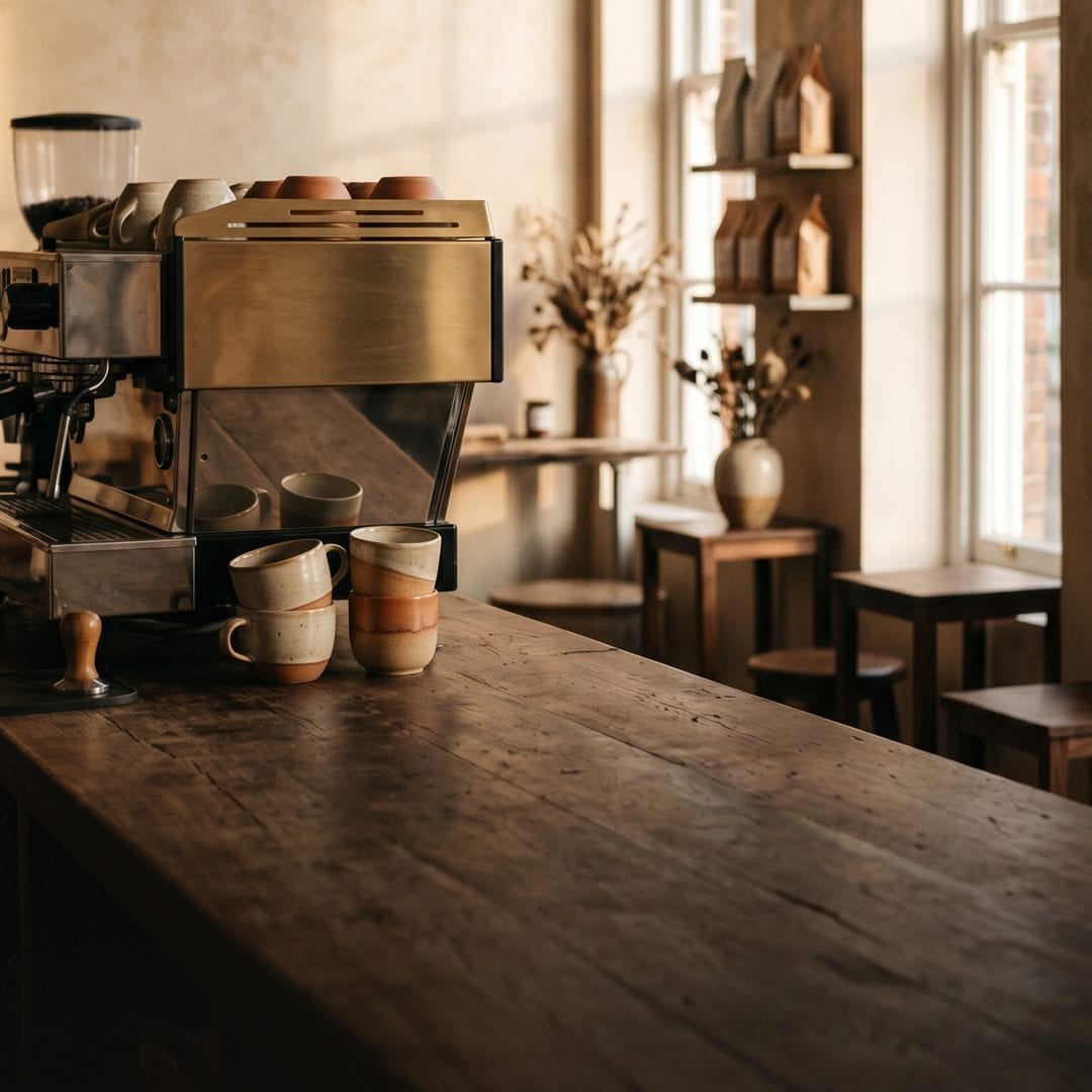 A brass espresso machine and stacked ceramic cups on the wooden counter of a partner café